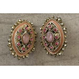 VINTAGE Signed FLORENZA Clip On EARRINGS Pink STONE Pink RHINESTONE Oval